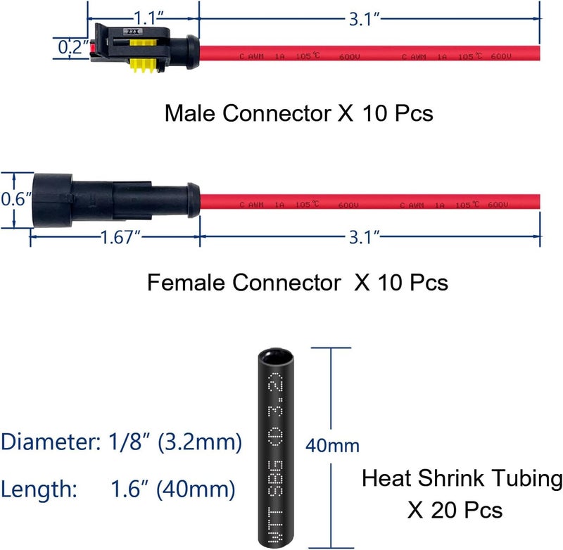 Twippo 10 Kit 16 AWG 1 Pin Connector Car Waterproof Wire Connectors 1 Pin Automotive Electrical Connectors Quick Disconnect 1 Way Wire Terminal Connector Plug and Heat Shrink Tubing Kit - Image 3